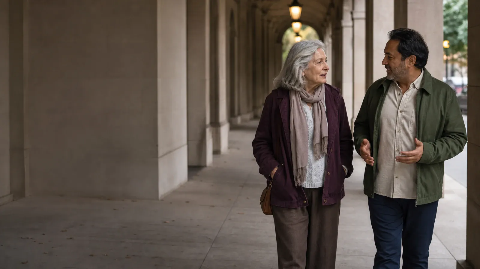 Two adults walk and talk beneath a covered arcade · After Residential Care and Emotion regulation in South Florida
