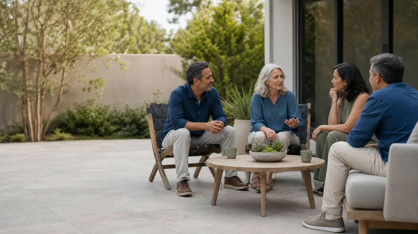 Four adults share a casual patio conversation · Daily Routines and Emotion regulation in South Florida