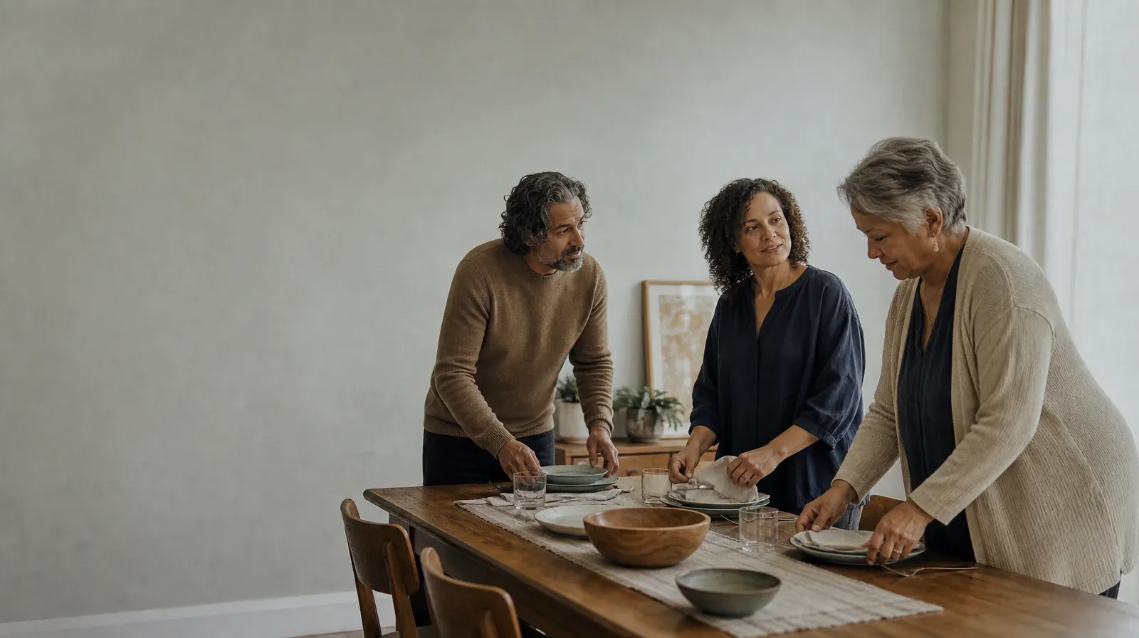 Three adults pause while setting a plain table · Emotion Regulation: Preferences and Accessibility