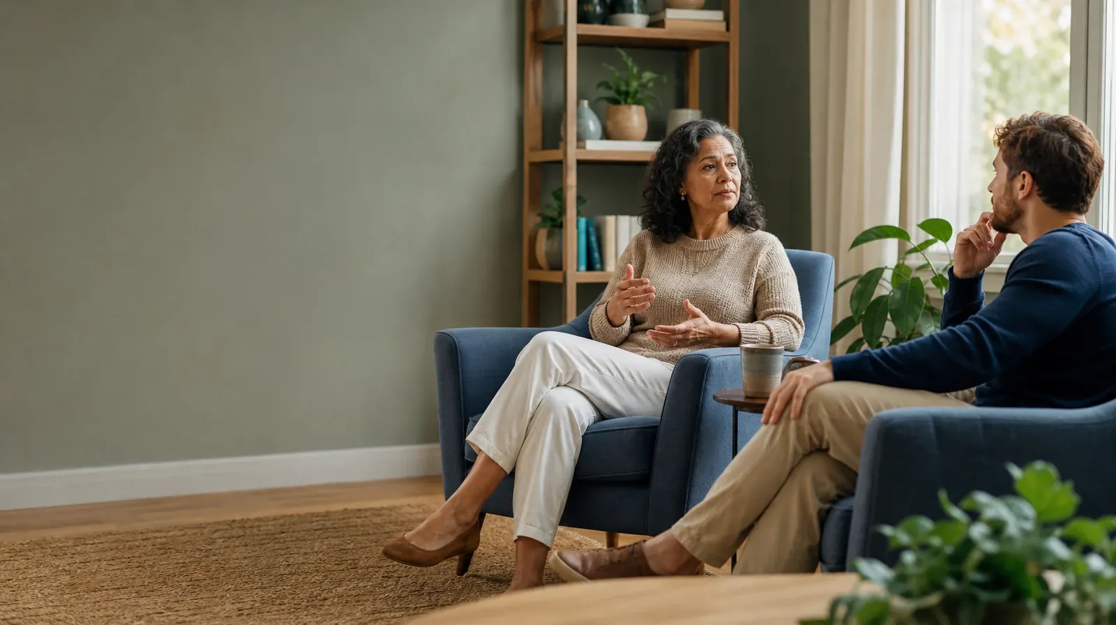 Two adults talk from separate armchairs · Questions to Ask About Emotion regulation in South Florida