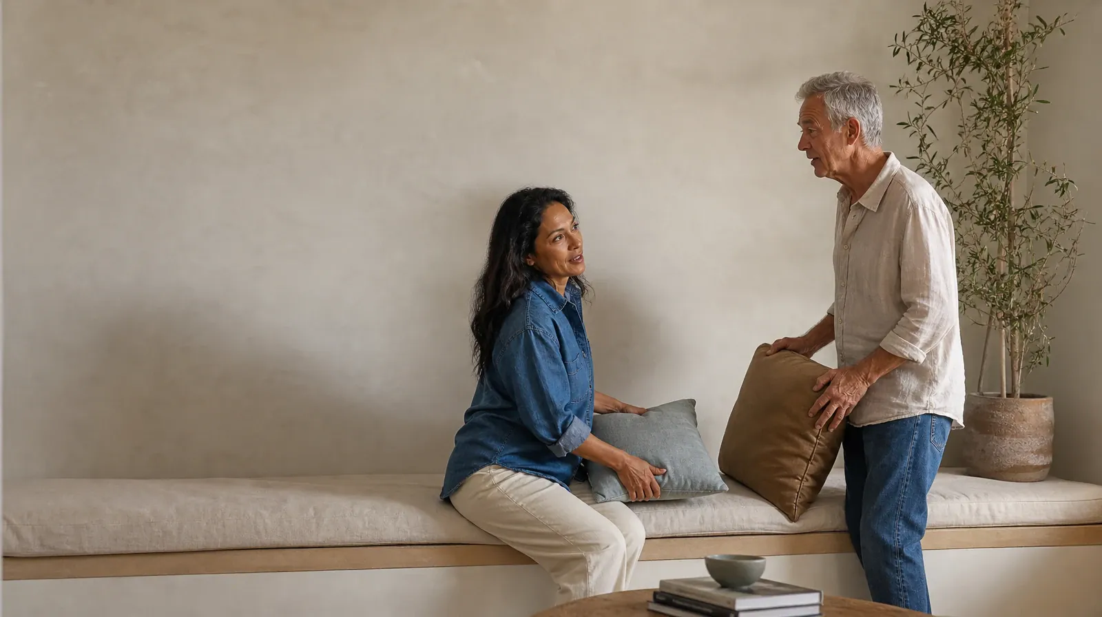 Two adults pause while arranging cushions on a bench · Understanding Goals in Emotion regulation in South Florida