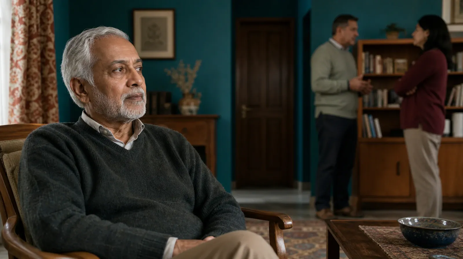 An older adult listens from a home chair while two adults talk softly farther… · Individual and Group Experiential Formats