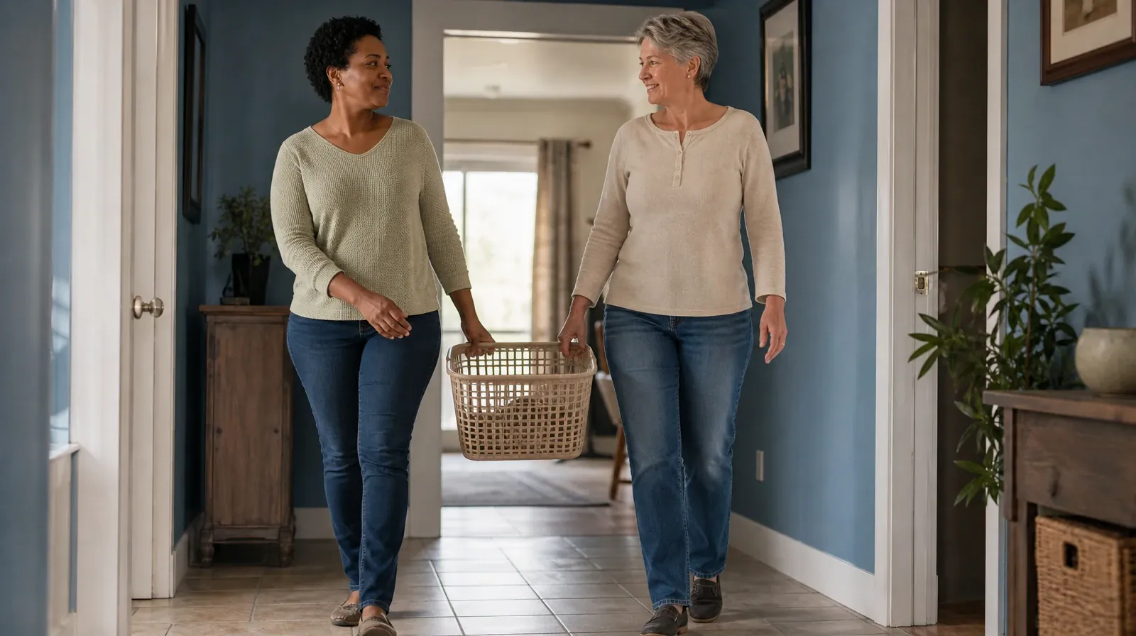 Two adults carry a small empty laundry basket together through a home… · Preferences and Accessibility in Experiential Care