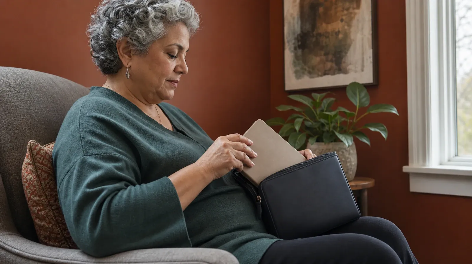 An adult places a closed journal inside an opaque zip folio on her lap · Qualified Practitioner Questions