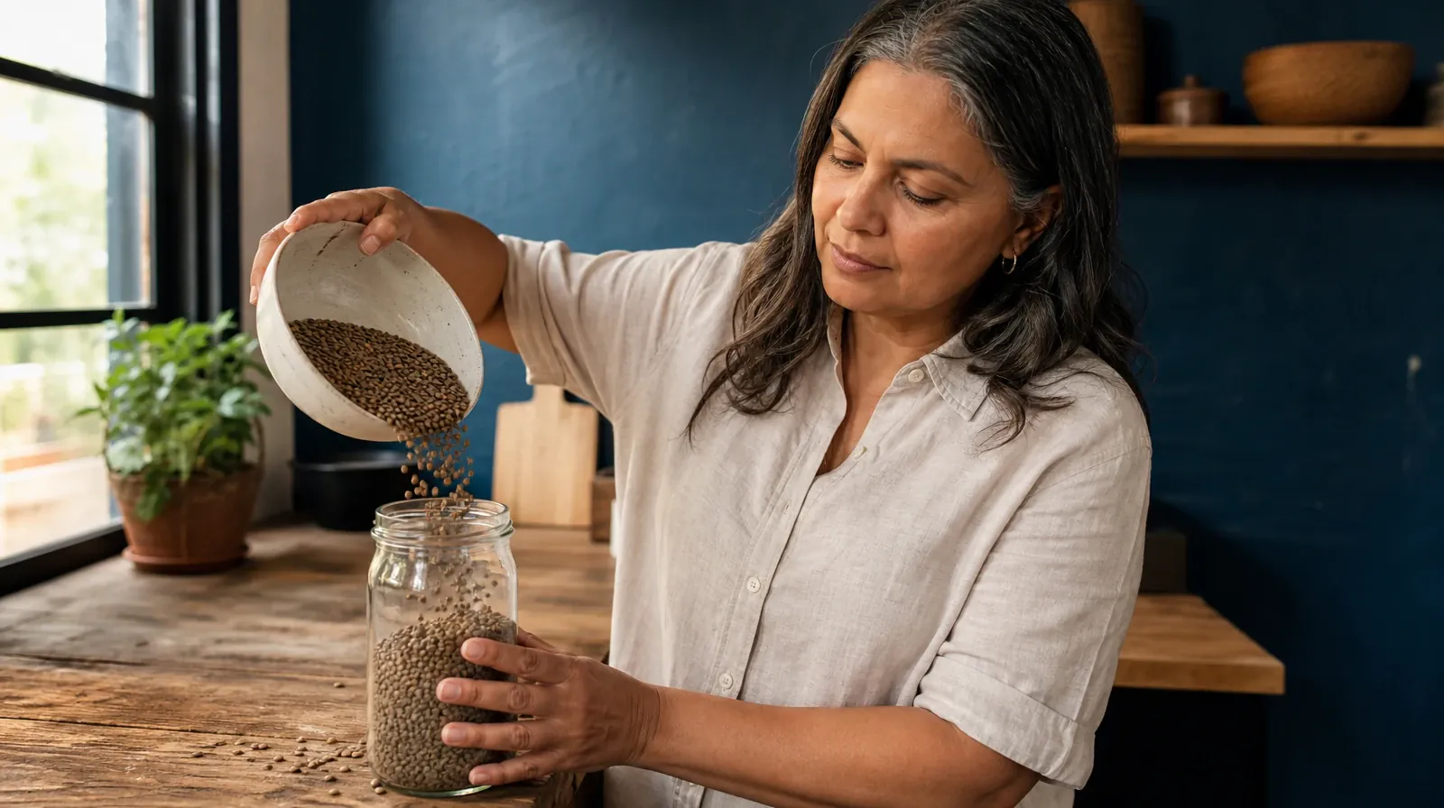 An adult pours dry lentils from a plain bowl into a household storage jar · When Experiential Approaches Do Not Fit