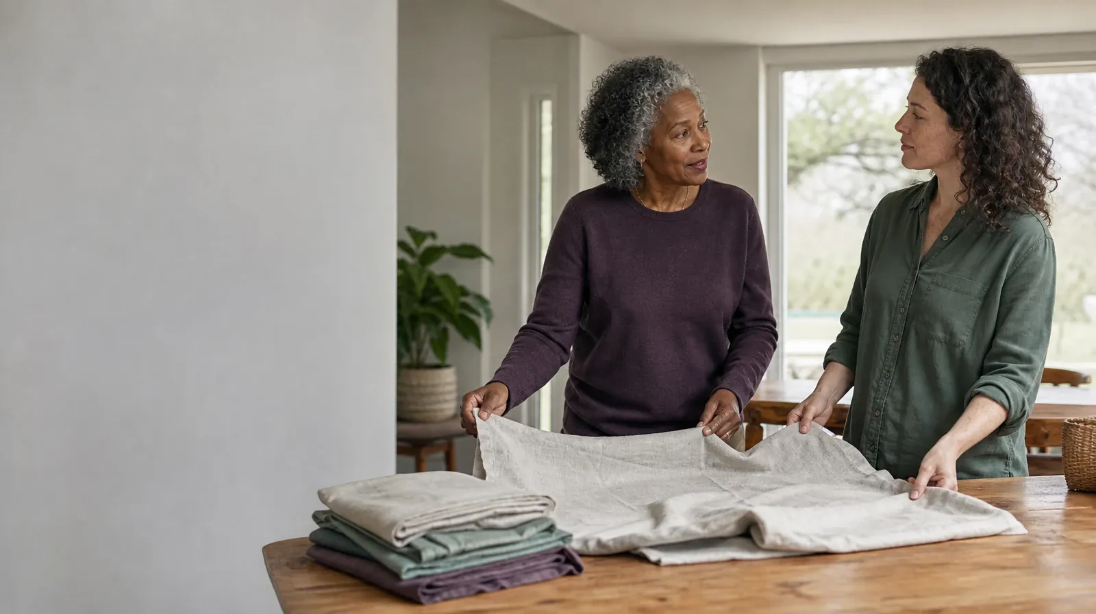After Residential Care and Family support in South Florida | Two adults fold a plain cloth together Two adults fold a plain cloth together · After Residential Care and Family support in South Florida