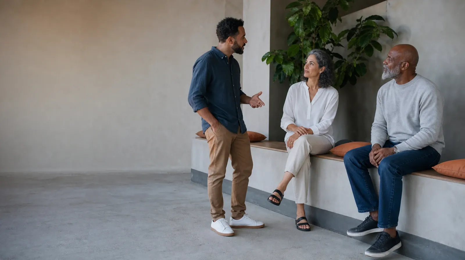 First Conversation About Family Support | Two adults pause while arranging cushions on a bench Two adults pause while arranging cushions on a bench · First Conversation About Family Support