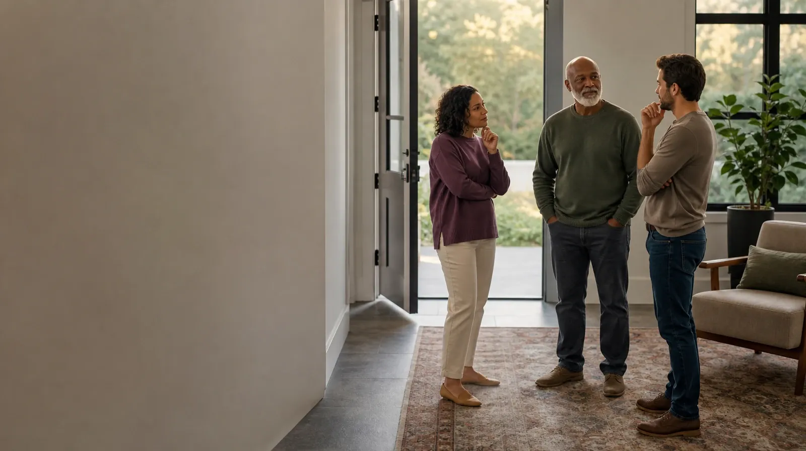 Three adults talk near an open home doorway · Medication Questions Alongside Family support in South Florida