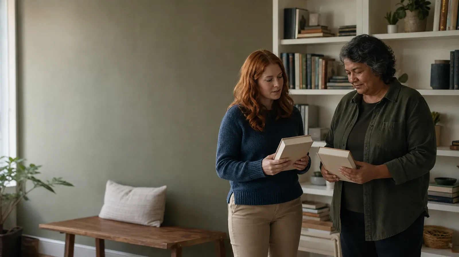 Practicing Between Sessions With Family support in South Florida | Two adults compare plain books beside a bookshelf Two adults compare plain books beside a bookshelf · Practicing Between Sessions With Family support in South Florida
