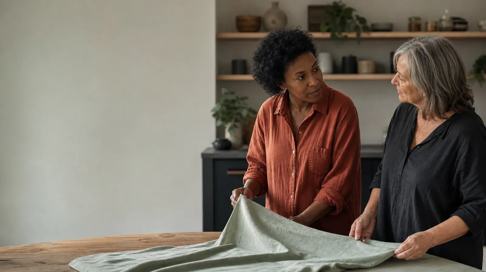 Two adults fold a plain cloth together · Qualified Practitioner Questions About Family Support
