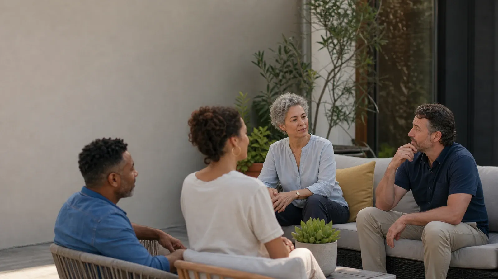 Four adults share a casual patio conversation · Questions to Ask About Family support in South Florida