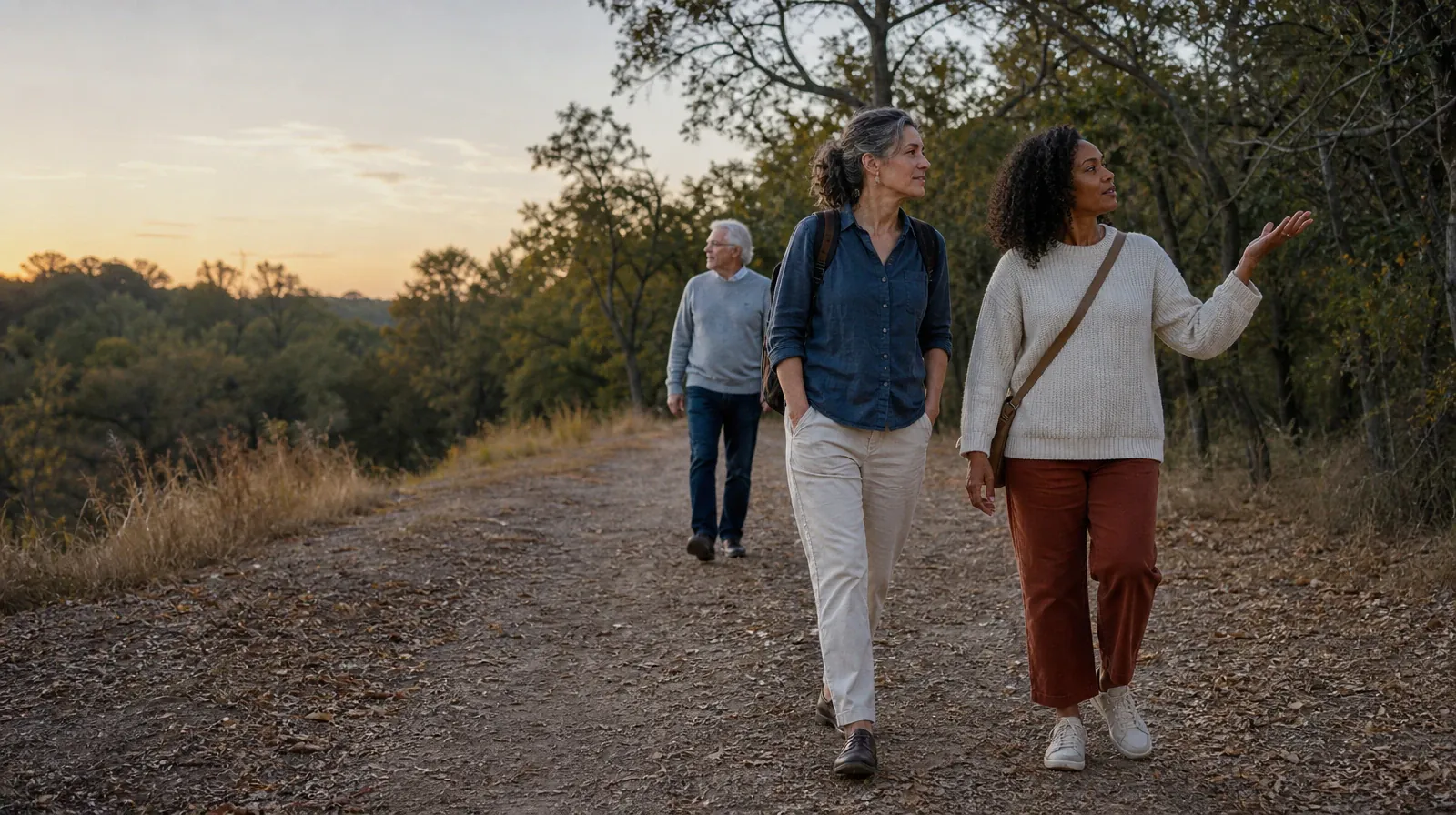 Reviewing Progress With Family support in South Florida | Three adults walk and talk on a wooded path Three adults walk and talk on a wooded path · Reviewing Progress With Family support in South Florida