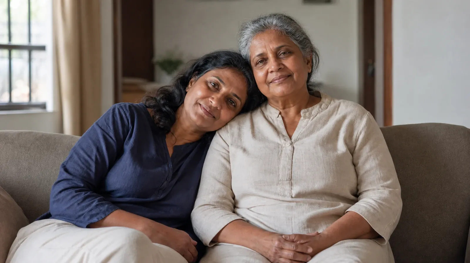 Two adults sit close on a sofa, with one resting her head briefly… · Family support for Addiction Treatment in Miramar, FL