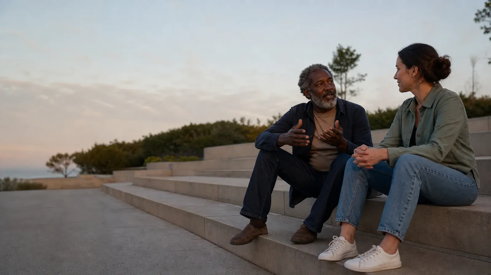 Daily Routines and Family therapy in South Florida | Two adults talk while seated on broad steps Two adults talk while seated on broad steps · Daily Routines and Family therapy in South Florida