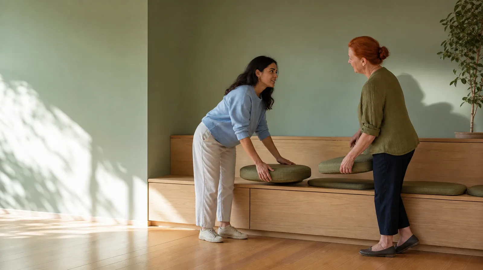 Two adults pause while arranging cushions on a bench · Family Involvement and Family therapy in South Florida