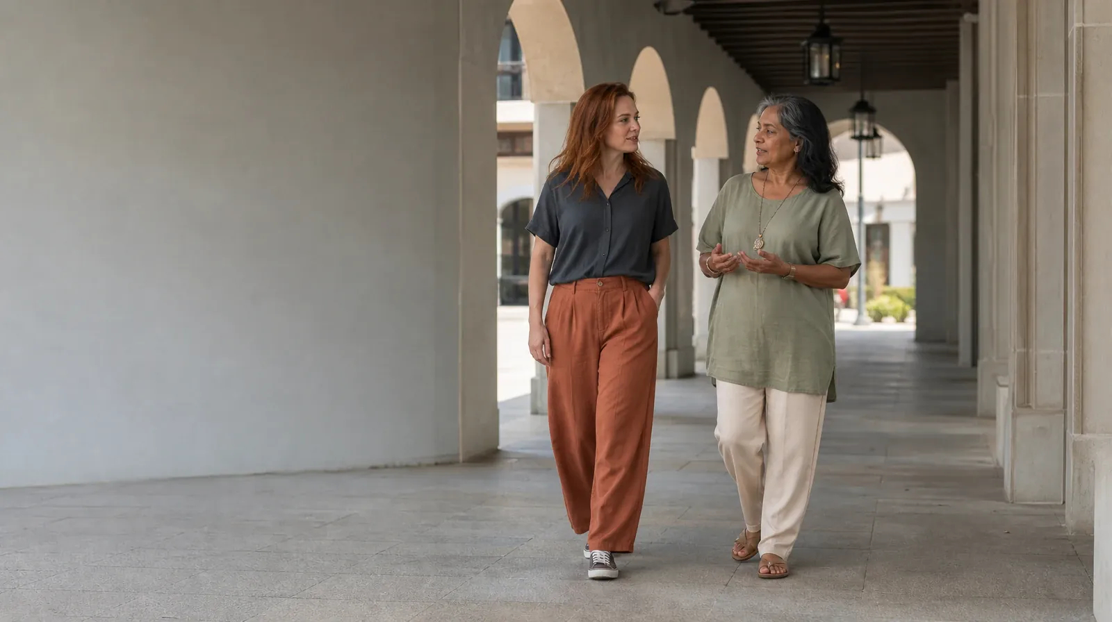 Two adults walk and talk beneath a covered arcade · Practicing Between Sessions With Family therapy in South Florida