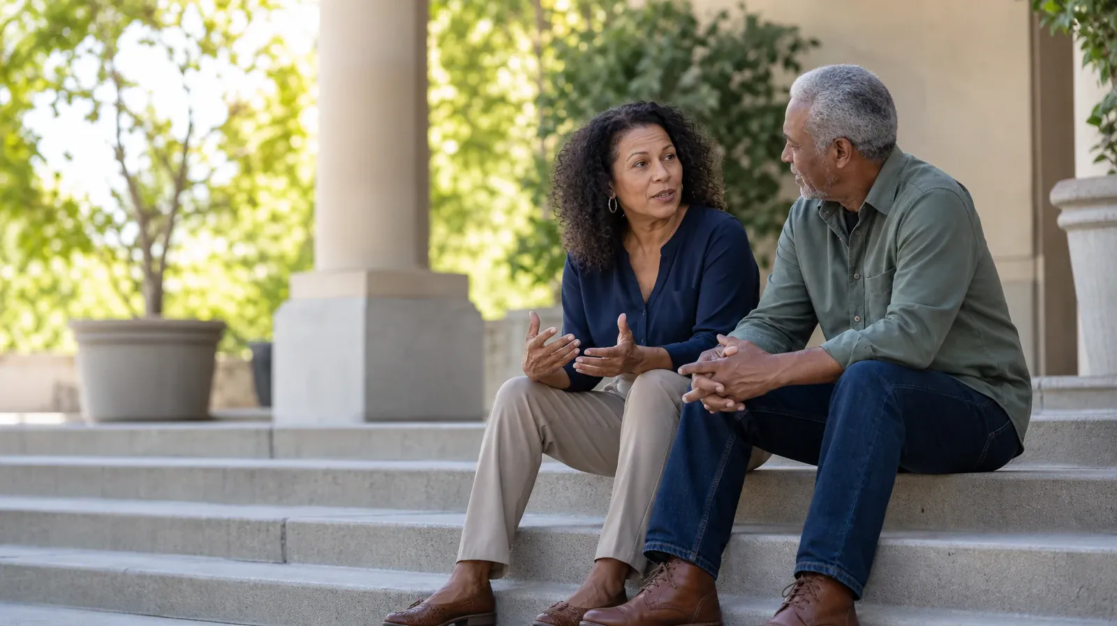 Qualified Family Therapy Practitioner Questions | Two adults talk while seated on broad steps Two adults talk while seated on broad steps · Qualified Family Therapy Practitioner Questions