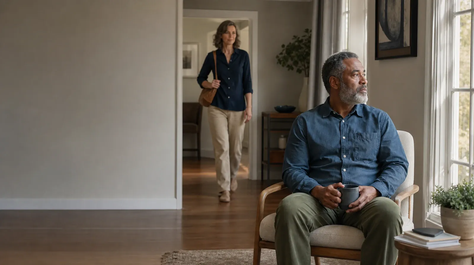 One adult sits near a window as another enters · Reviewing Progress With Family therapy in South Florida