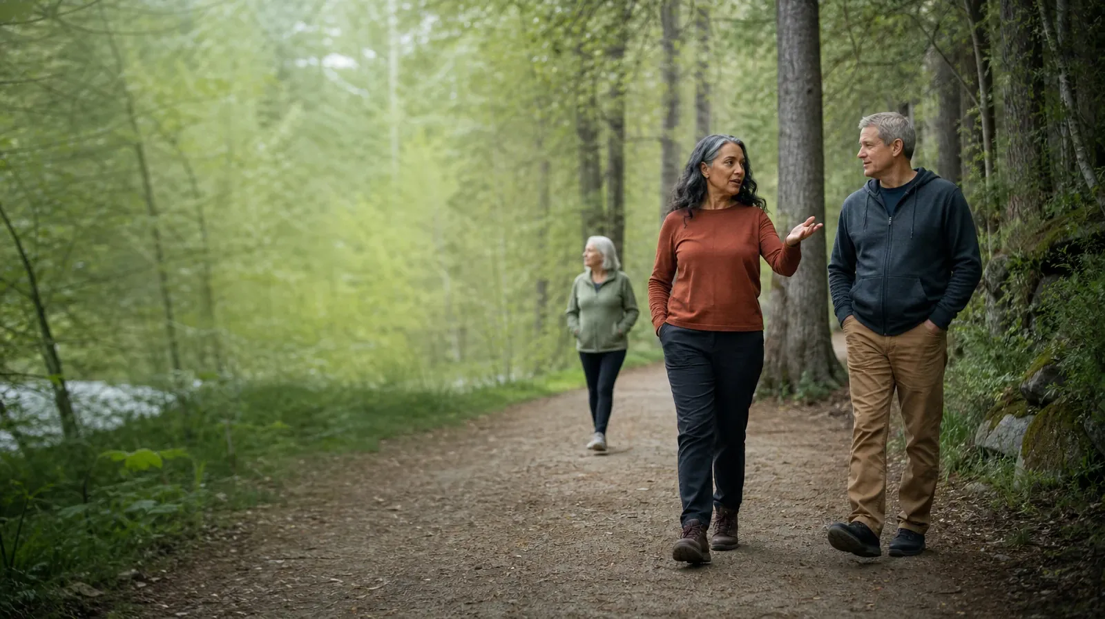 Three adults walk and talk on a wooded path · Understanding Goals in Family therapy in South Florida