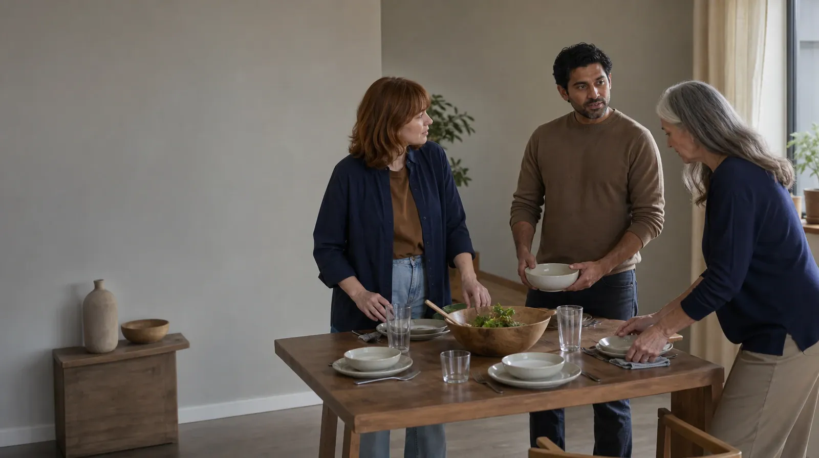 Three adults pause while setting a plain table · What to Expect From Family therapy in South Florida