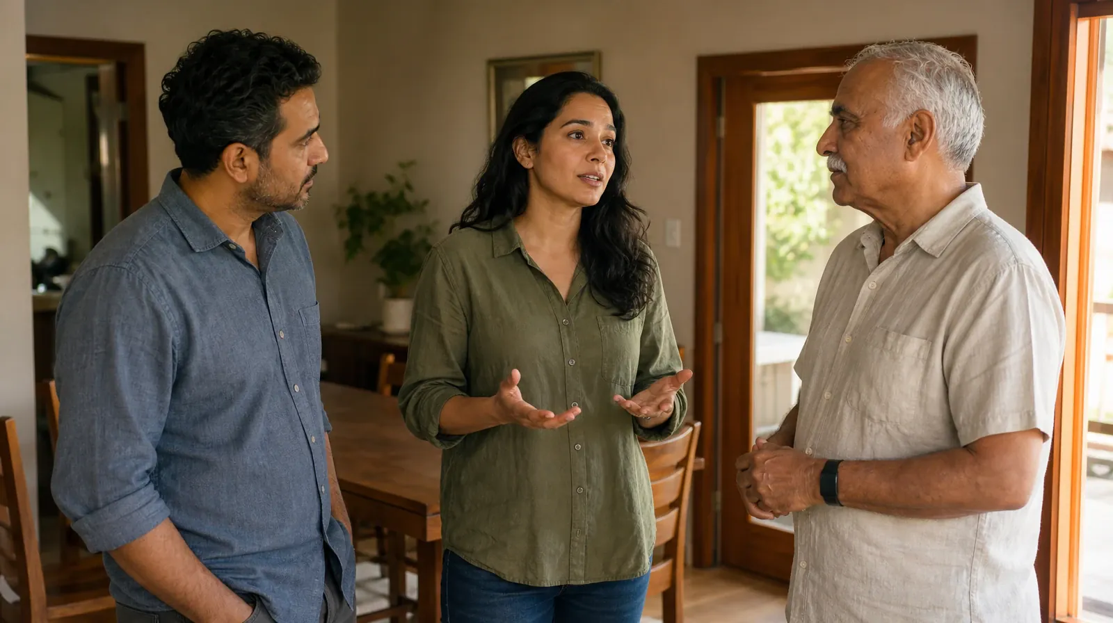 Family therapy for Addiction Treatment in Miramar, FL | Three adults stand in a home dining room, with two listening as the… Three adults stand in a home dining room, with two listening as the… · Family therapy for Addiction Treatment in Miramar, FL