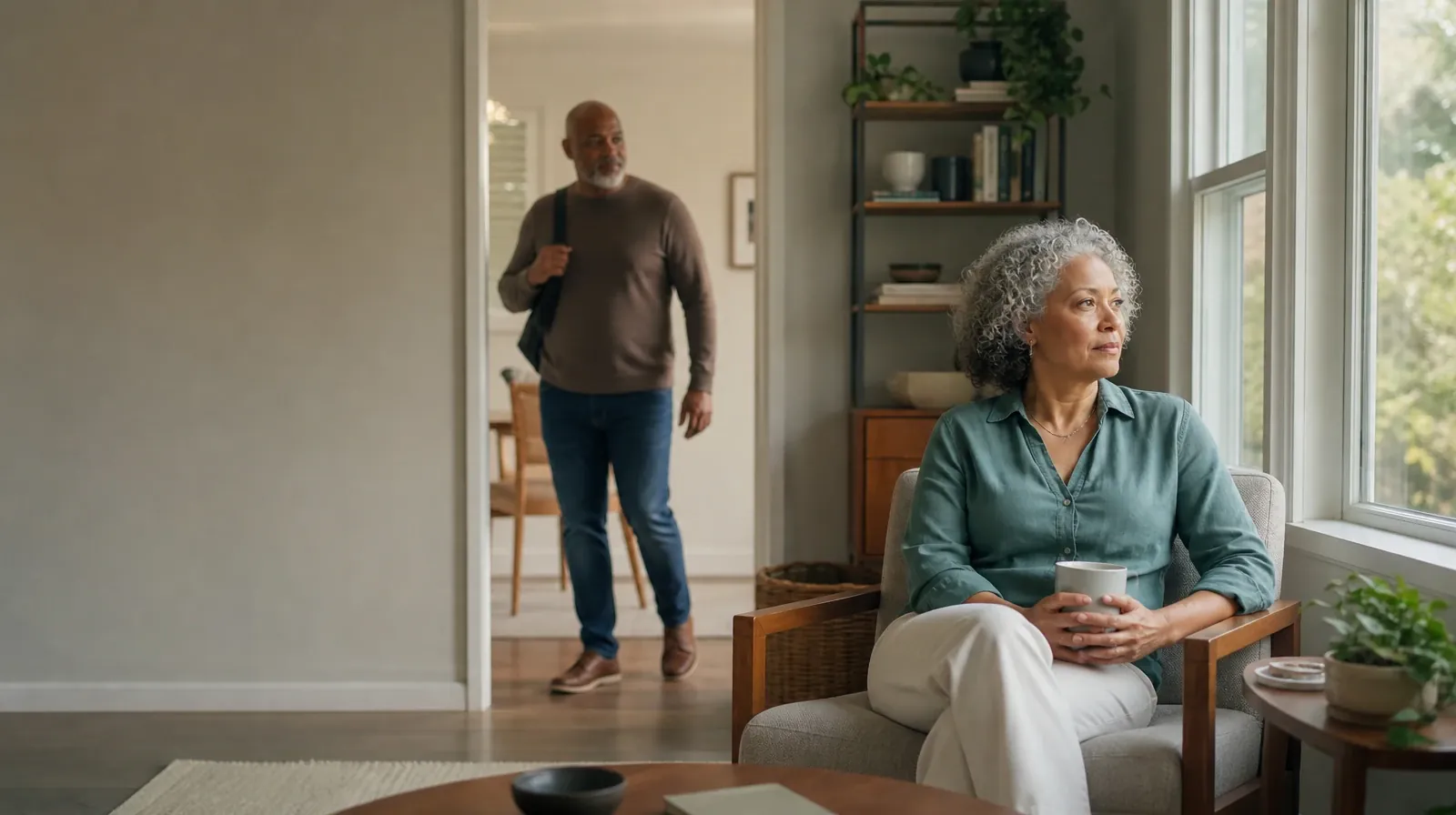 One adult sits near a window as another enters · After Residential Care and Grief support in South Florida