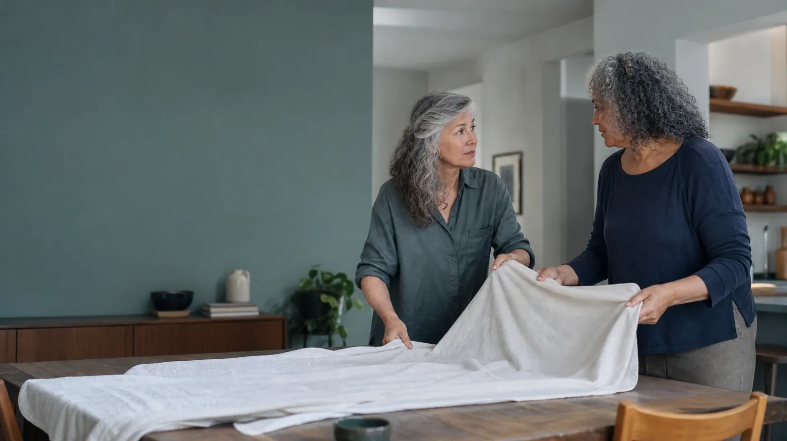 Preparing for a First Conversation About Grief Support | Two adults fold a plain cloth together Two adults fold a plain cloth together · Preparing for a First Conversation About Grief Support