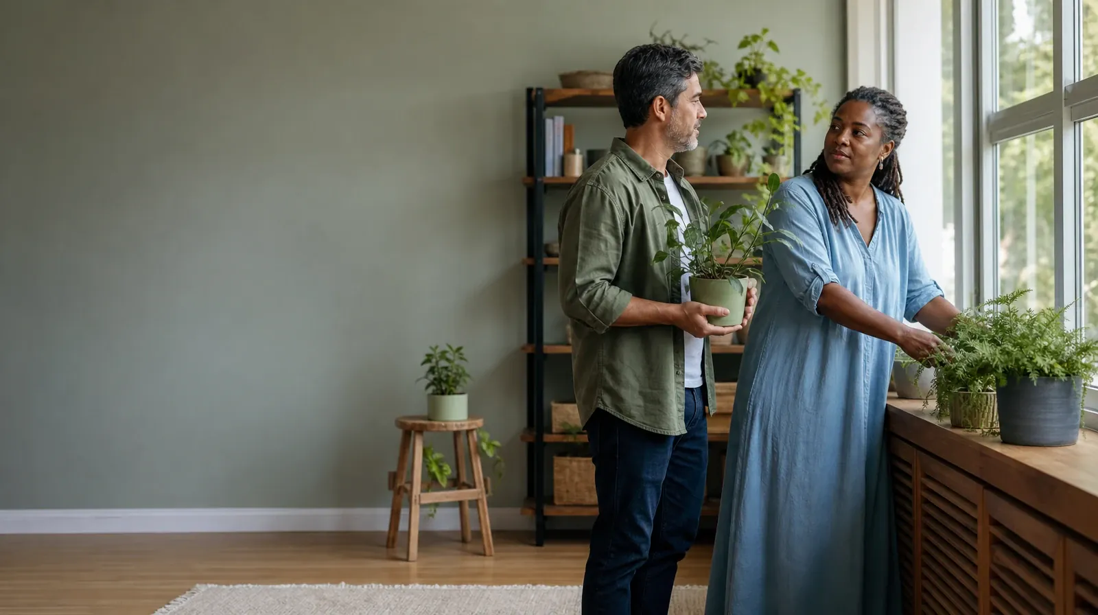 Two adults tend houseplants and talk · Individual and Group Formats for Grief support in South Florida