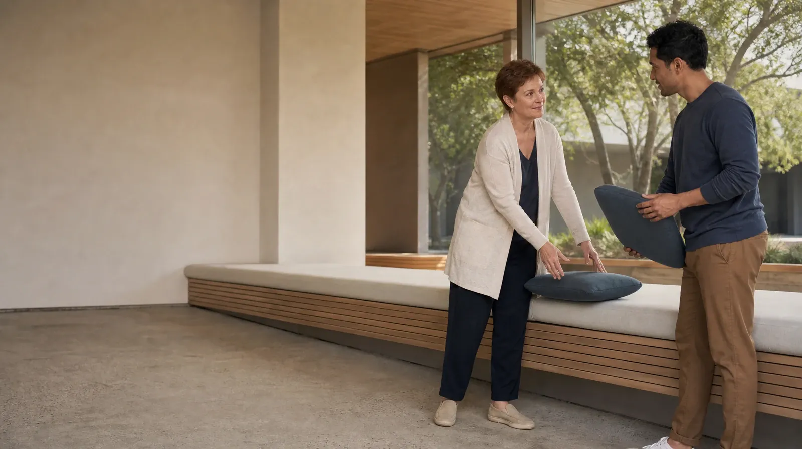Two adults pause while arranging cushions on a bench · Medication Questions Alongside Grief support in South Florida