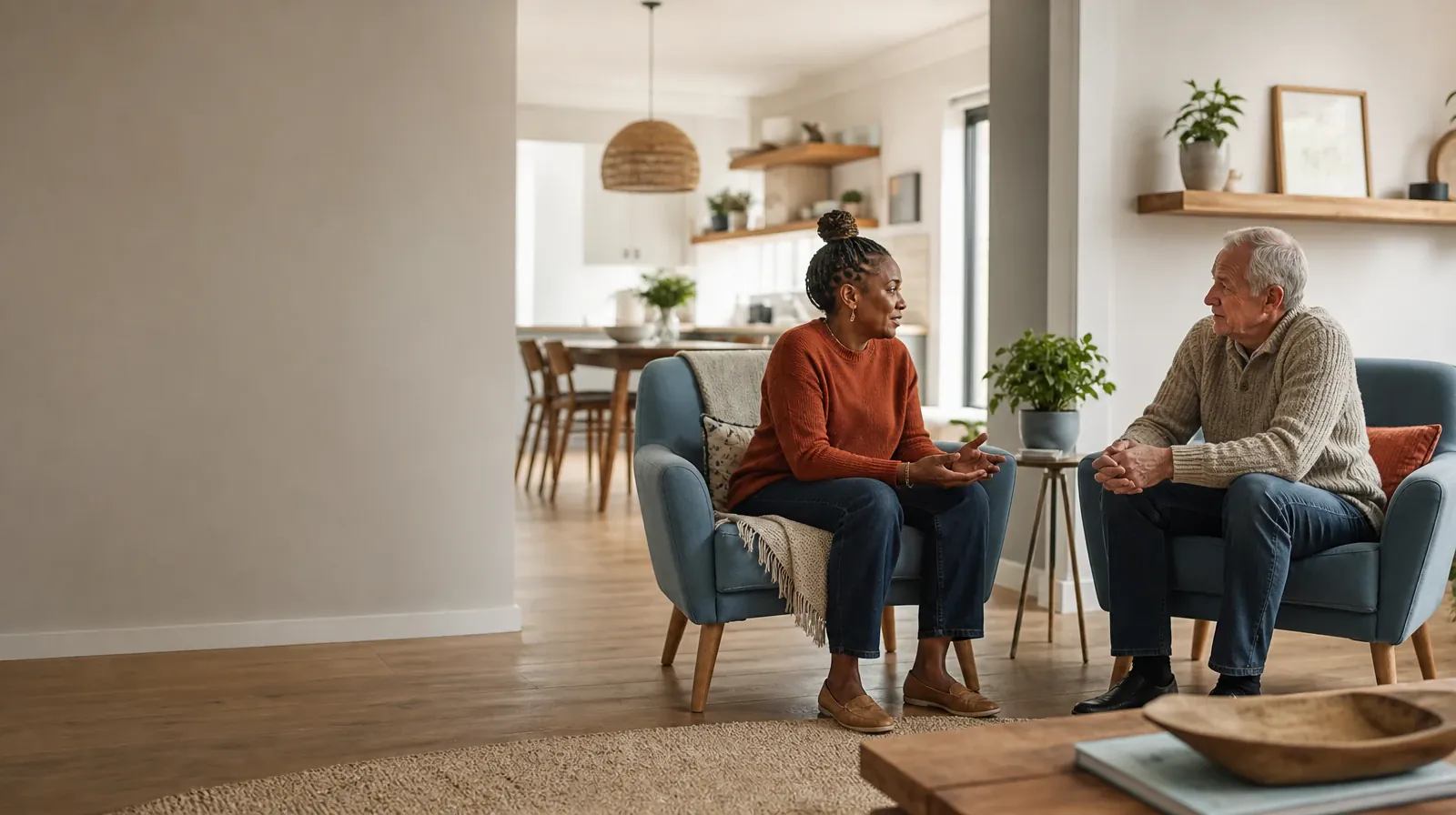 Two adults talk from separate armchairs · Practicing Between Sessions With Grief support in South Florida