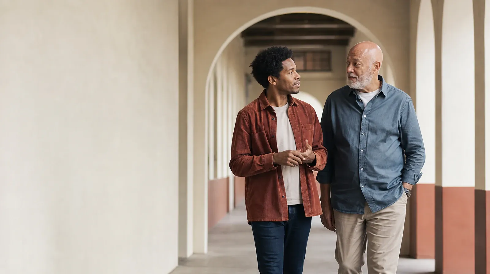 Preferences and Accessibility in Grief support in South Florida | Two adults walk and talk beneath a covered arcade Two adults walk and talk beneath a covered arcade · Preferences and Accessibility in Grief support in South Florida