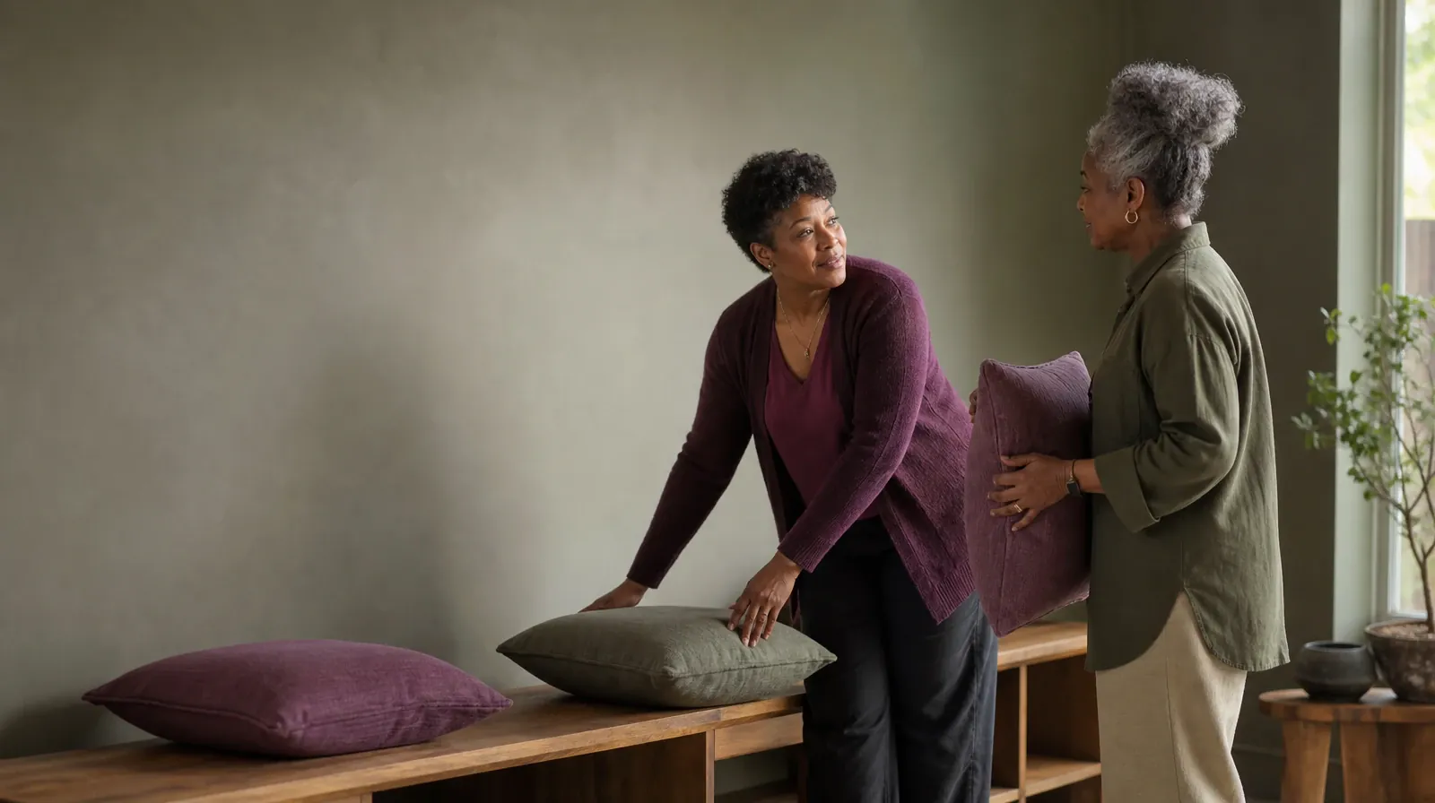 Previous Experience With Grief support in South Florida | Two adults pause while arranging cushions on a bench Two adults pause while arranging cushions on a bench · Previous Experience With Grief support in South Florida