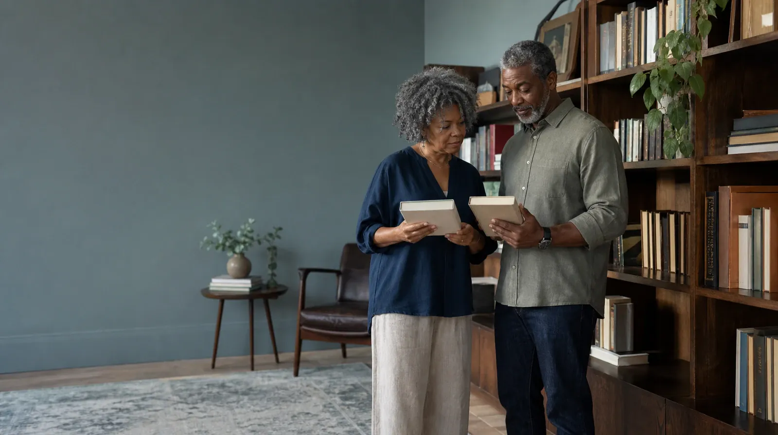 Two adults compare plain books beside a bookshelf · Privacy and Consent in Grief support in South Florida