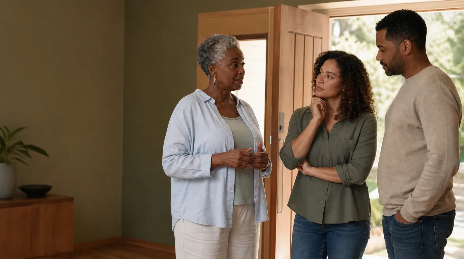 Three adults talk near an open home doorway · Questions to Ask About Grief support in South Florida