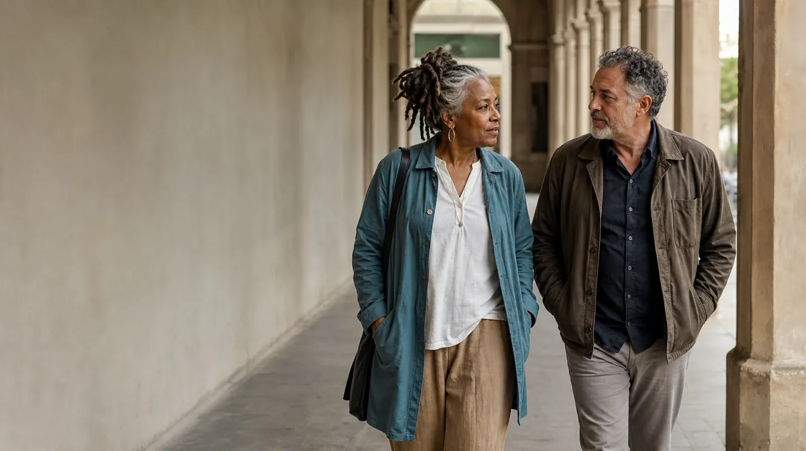 Understanding Goals in Grief support in South Florida | Two adults walk and talk beneath a covered arcade Two adults walk and talk beneath a covered arcade · Understanding Goals in Grief support in South Florida
