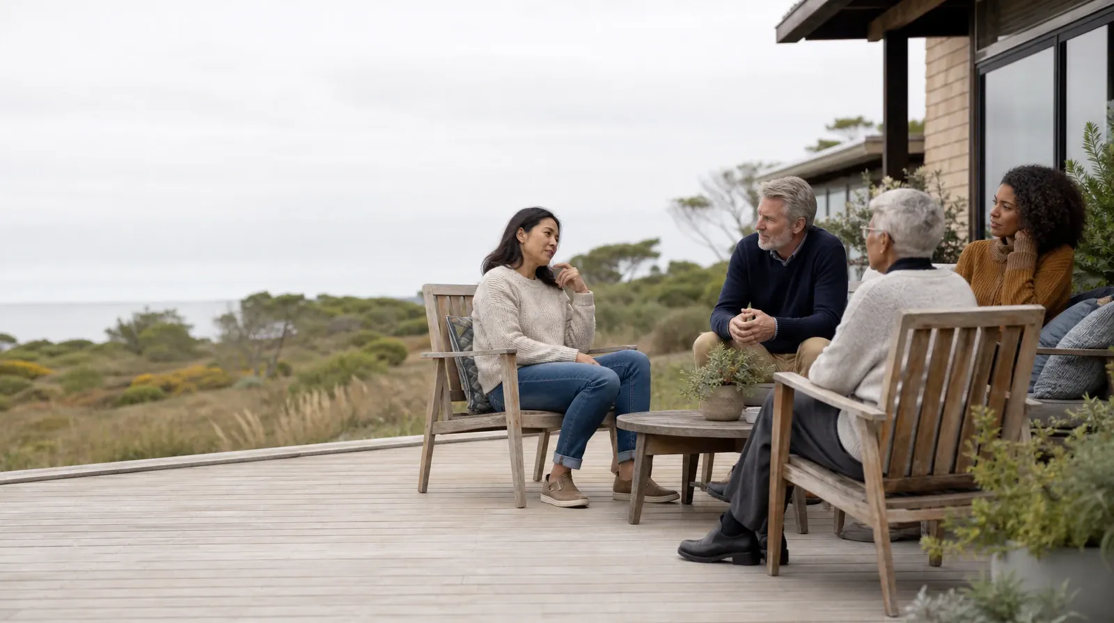 When an Approach Does Not Fit: Grief support in South Florida | Four adults share a casual patio conversation Four adults share a casual patio conversation · When an Approach Does Not Fit: Grief support in South Florida