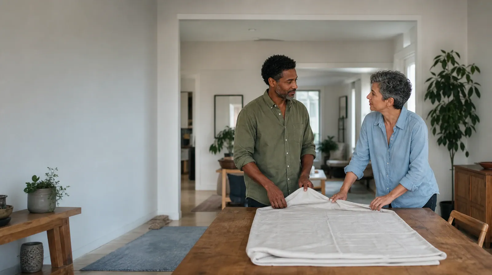 Daily Routines and Group therapy in South Florida | Two adults fold a plain cloth together Two adults fold a plain cloth together · Daily Routines and Group therapy in South Florida