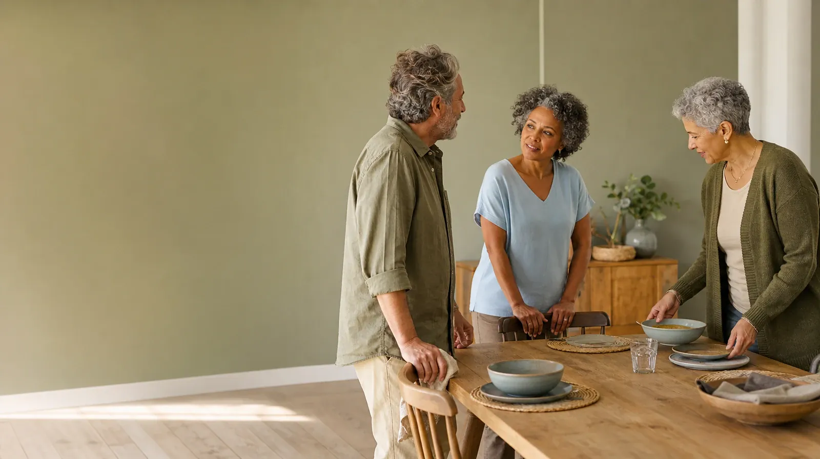 Preparing for a First Group Therapy Conversation | Three adults pause while setting a plain table Three adults pause while setting a plain table · Preparing for a First Group Therapy Conversation