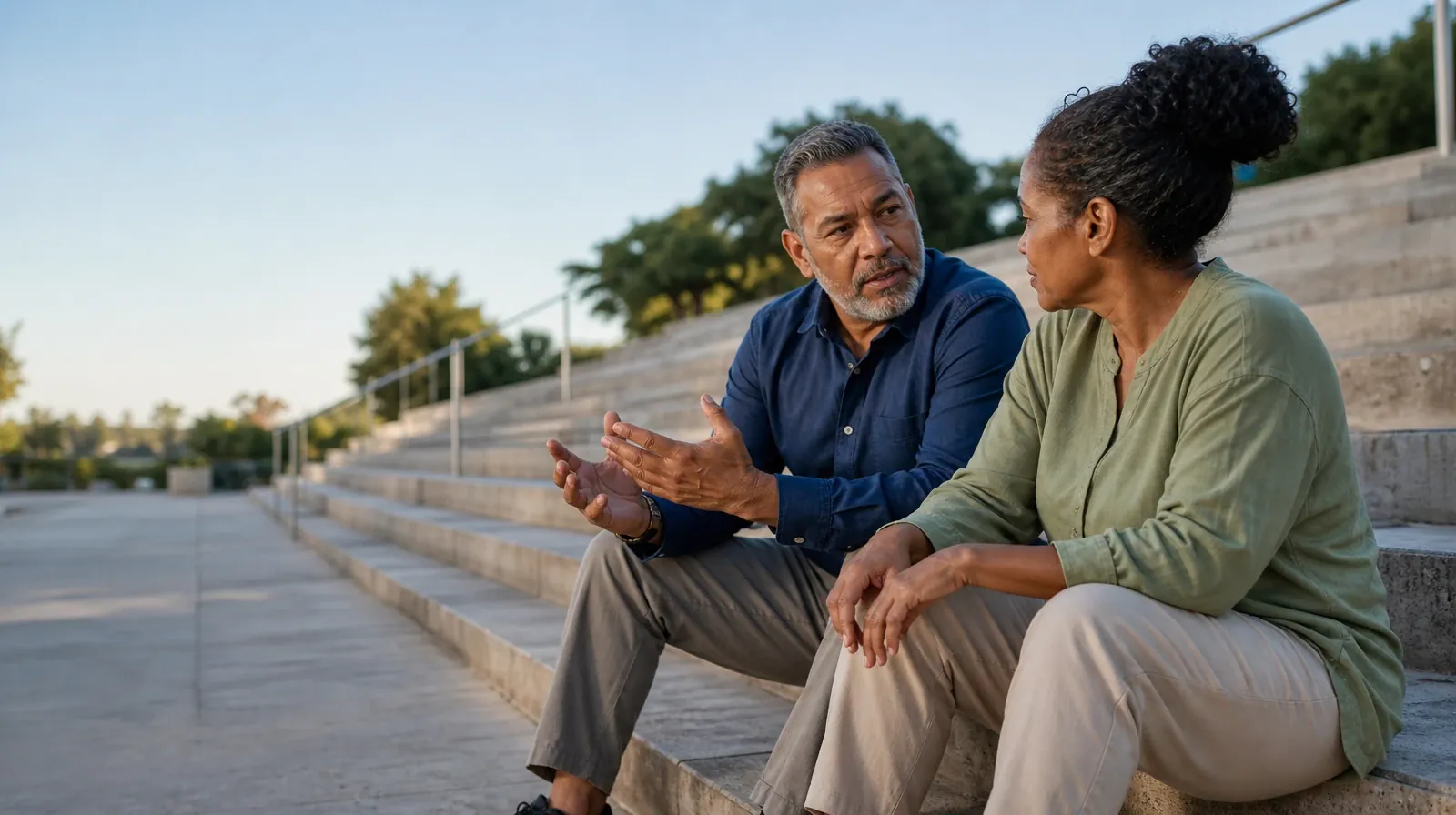 Two adults talk while seated on broad steps · Medication Questions Alongside Group therapy in South Florida