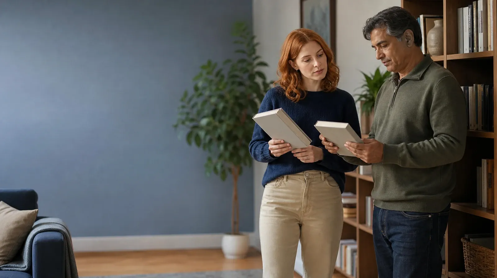 Preferences and Accessibility in Group therapy in South Florida | Two adults compare plain books beside a bookshelf Two adults compare plain books beside a bookshelf · Preferences and Accessibility in Group therapy in South Florida