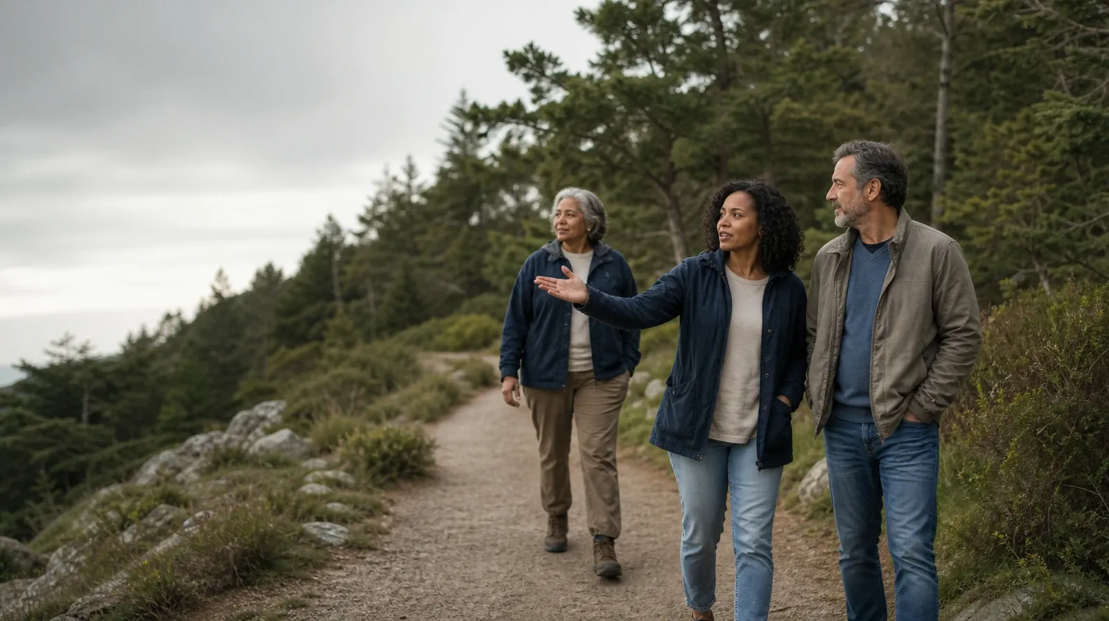 Qualified Practitioner Questions About Group Therapy | Three adults walk and talk on a wooded path Three adults walk and talk on a wooded path · Qualified Practitioner Questions About Group Therapy