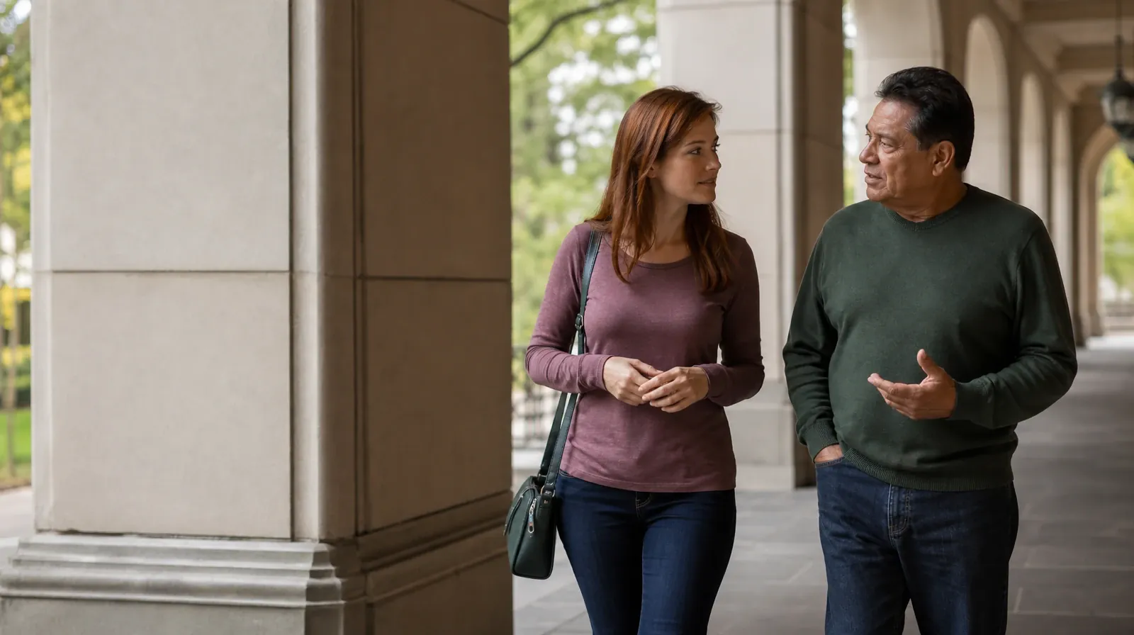 Questions to Ask About Group therapy in South Florida | Two adults walk and talk beneath a covered arcade Two adults walk and talk beneath a covered arcade · Questions to Ask About Group therapy in South Florida