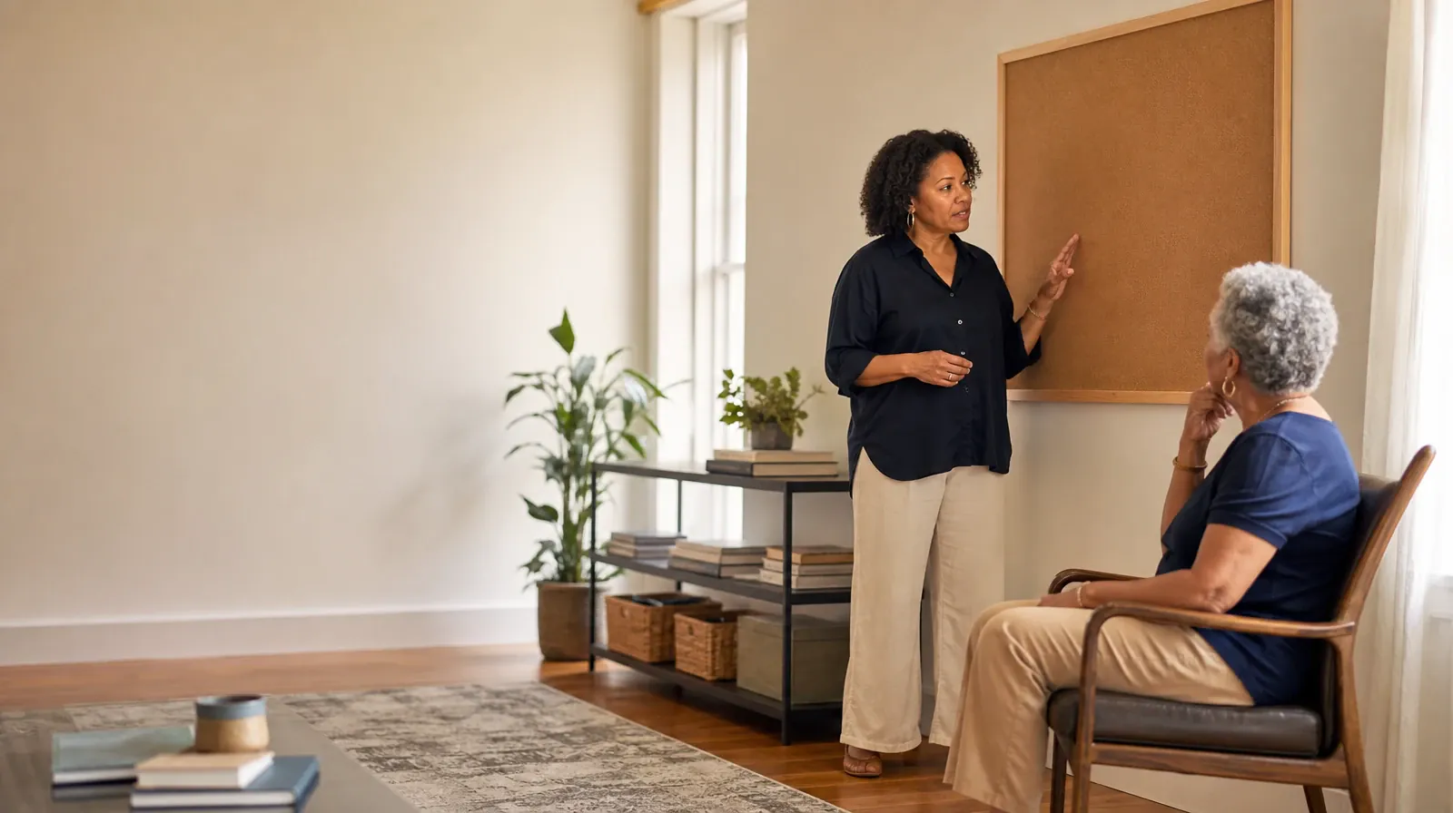 What to Expect From Group therapy in South Florida | An adult talks beside a blank corkboard An adult talks beside a blank corkboard · What to Expect From Group therapy in South Florida