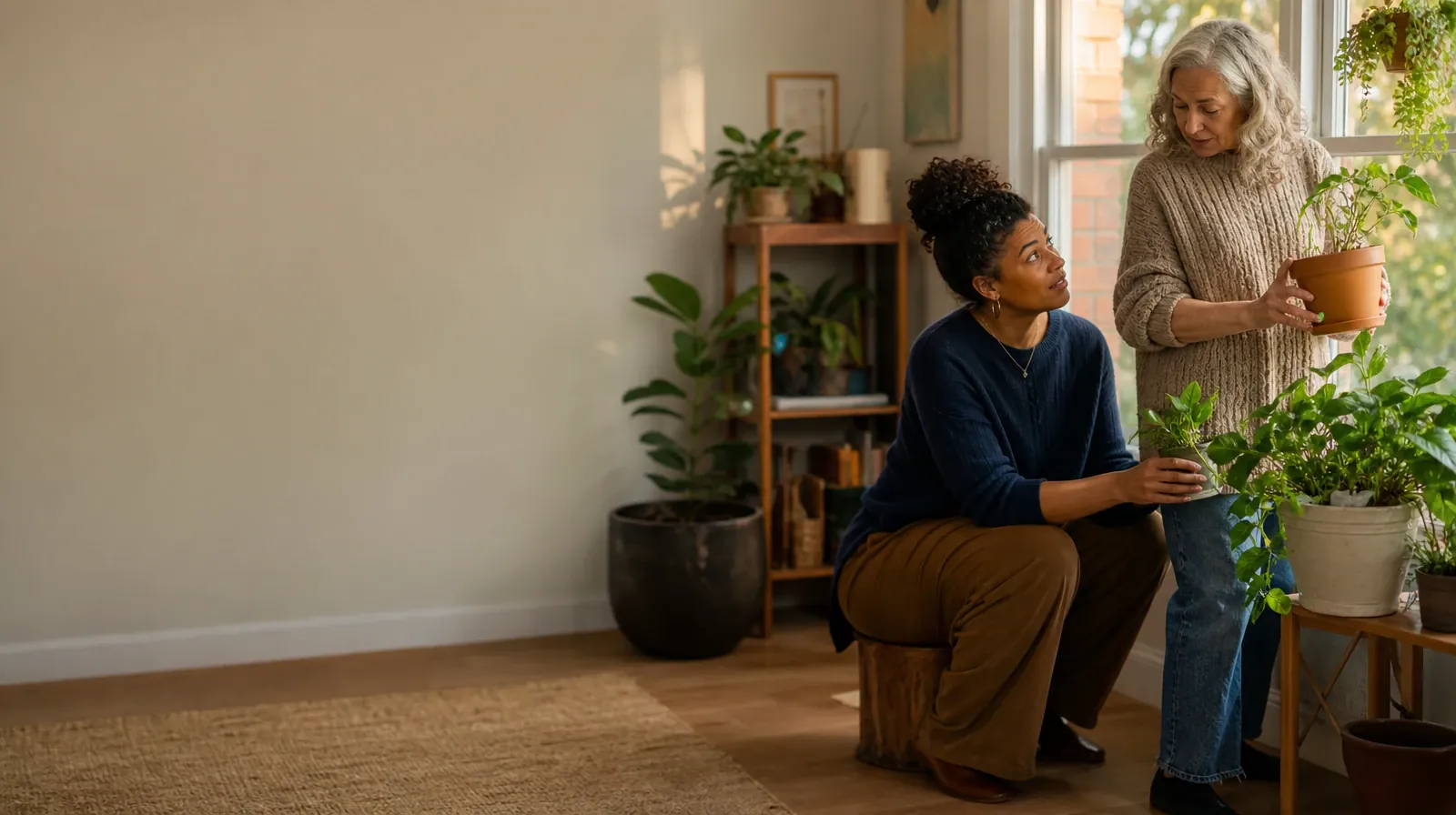 Two adults tend houseplants and talk · Daily Routines and Individual therapy in South Florida
