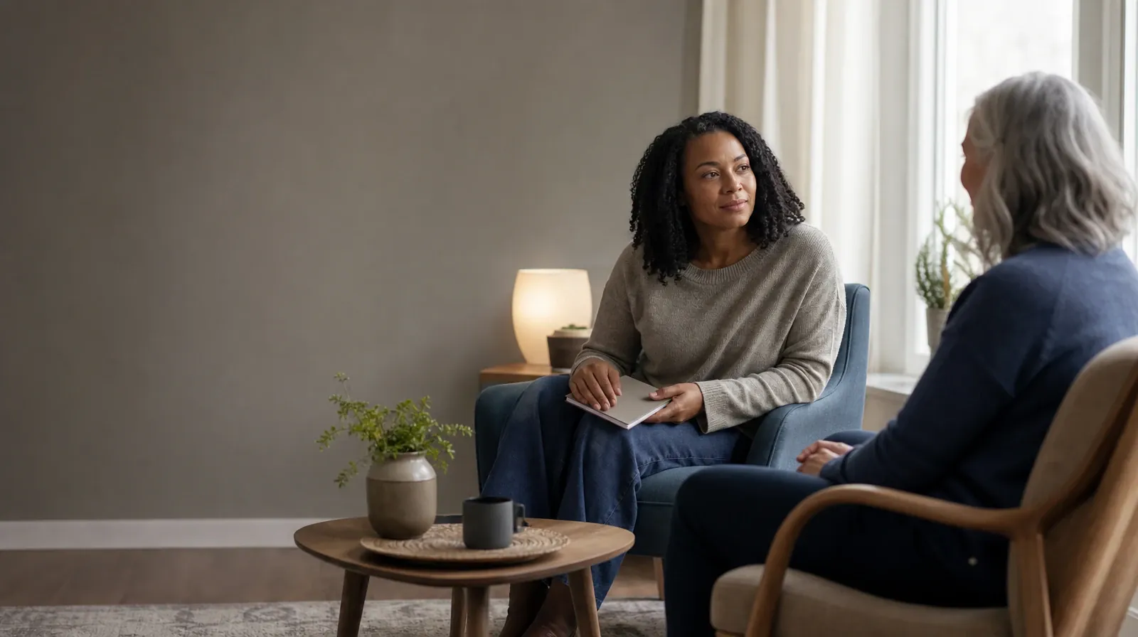Preparing for a First Individual Therapy Conversation | An adult closes a notebook before a conversation An adult closes a notebook before a conversation · Preparing for a First Individual Therapy Conversation