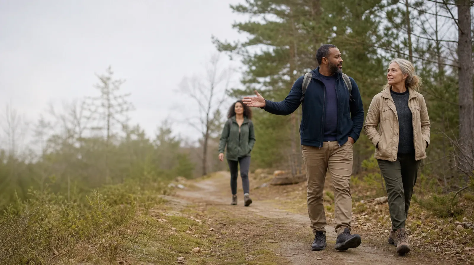 Three adults walk and talk on a wooded path · Individual and Group Formats for Therapy