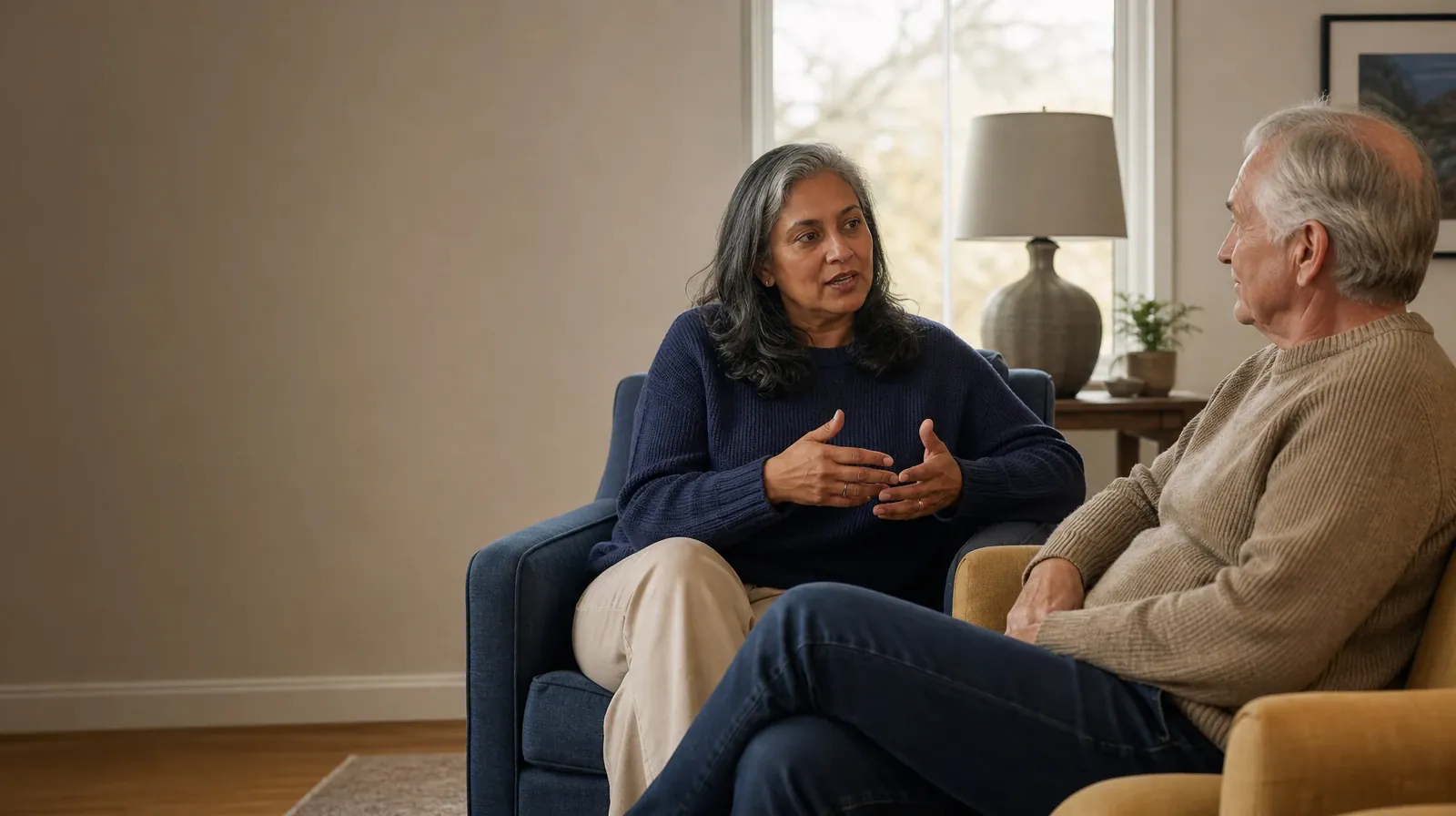 Medication Questions Alongside Individual Therapy | Two adults talk from separate armchairs Two adults talk from separate armchairs · Medication Questions Alongside Individual Therapy