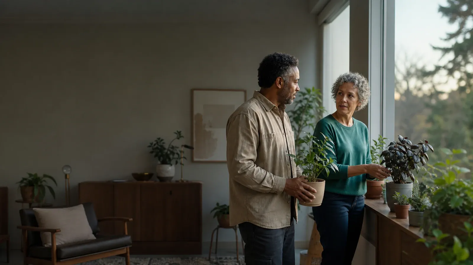 Two adults tend houseplants and talk · Qualified Practitioner Questions About Therapy