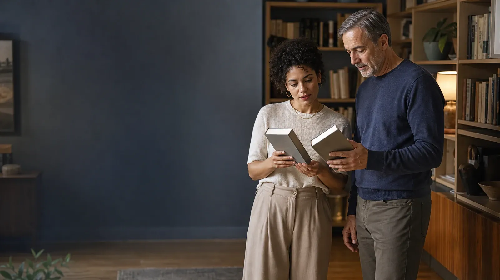 Reviewing Progress With Individual therapy in South Florida | Two adults compare plain books beside a bookshelf Two adults compare plain books beside a bookshelf · Reviewing Progress With Individual therapy in South Florida