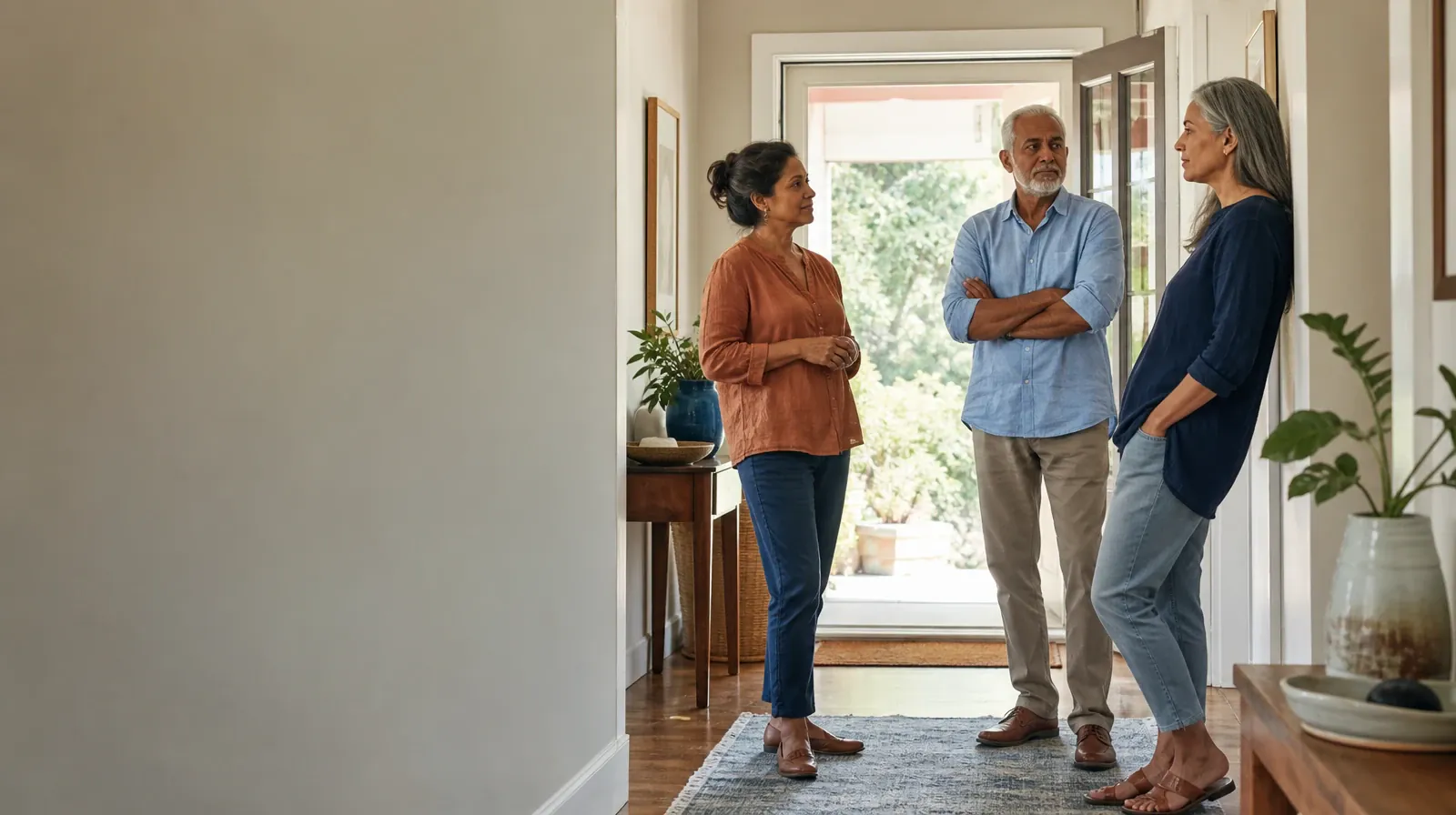Understanding Goals in Individual therapy in South Florida | Three adults talk near an open home doorway Three adults talk near an open home doorway · Understanding Goals in Individual therapy in South Florida